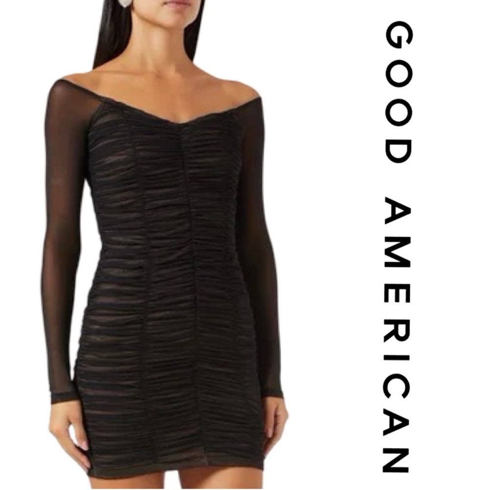 Good American Black Ruched Long Sleeve Mesh Bodycon Dress